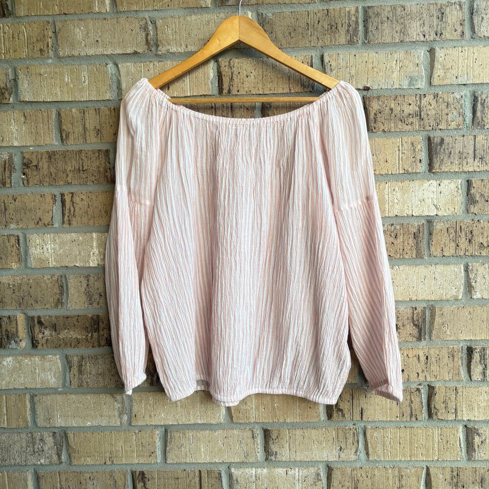 Blush pink crinkle gauze off-shoulder boho top coastal chic aesthetic (Gap M)